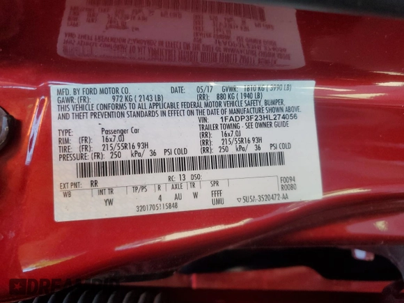 2017 Ford Focus SE with VIN 1FADP3F23HL274056, listed as a Copart auction lot 55743865 with 52,790 mi miles and Salvage title. Bid and sale history available at DreamBid. Image 12.