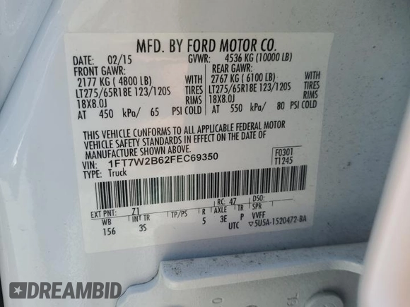 2015 Ford F-250 Lariat with VIN 1FT7W2B62FEC69350, listed as a Copart auction lot 61918025 with 110,289 mi miles and Salvage title. Bid and sale history available at DreamBid. Image 12.