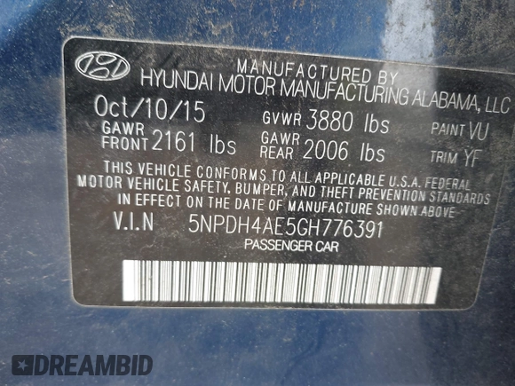 2016 Hyundai Elantra SE with VIN 5NPDH4AE5GH776391, listed as a IAAI auction lot 42082839 with 123,820 mi miles and . Bid and sale history available at DreamBid. Image 9.