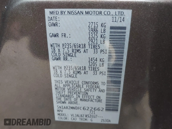 2015 Nissan Pathfinder SV with VIN 5N1AR2MN0FC622662, listed as a IAAI auction lot 39660676 with 171,421 mi miles. Bid and sale history available at carsss.com. Image 9.