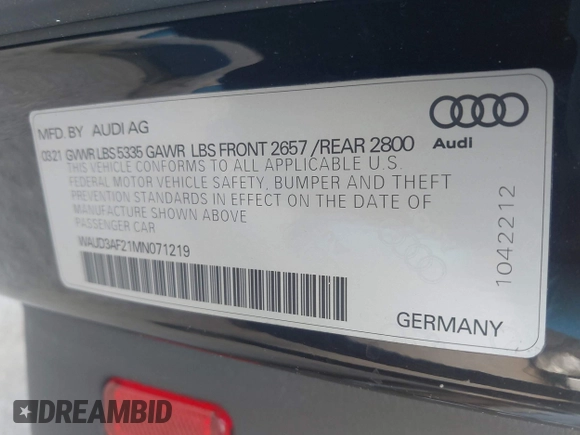 2021 Audi A6 Premium z VIN WAUD3AF21MN071219, wystawiony jako IAAI lot #42177199 z przebiegiem 72 789 mil mil oraz . Historia ofert i sprzedaży dostępna na DreamBid. Obrazek 9.