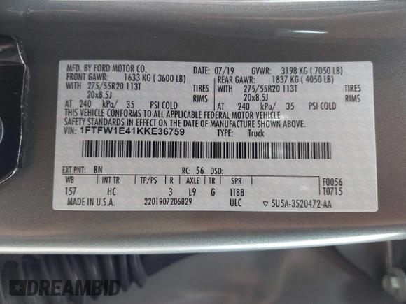 2019 Ford F-150 XL with VIN 1FTFW1E41KKE36759, listed as a IAAI auction lot 41728565 with 51,454 mi miles. Bid and sale history available at carsss.com. Image 9.