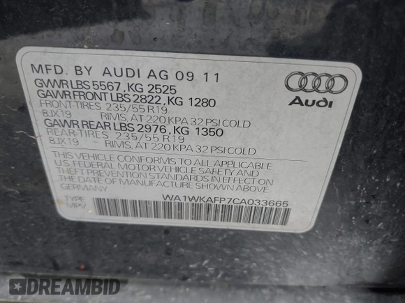2012 Audi Q5 Prestige with VIN WA1WKAFP7CA033665, listed as a IAAI auction lot 42186872 with 196,900 mi miles and . Bid and sale history available at DreamBid. Image 9.