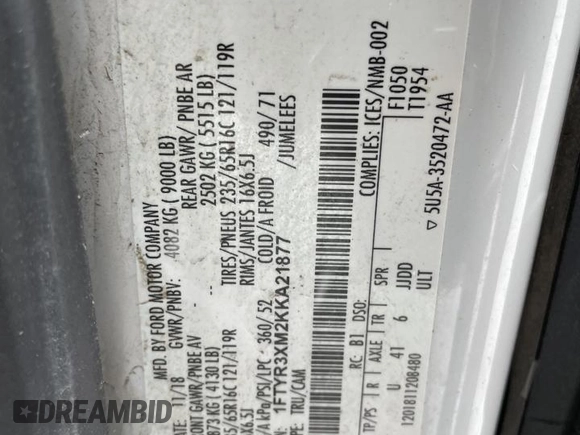 2019 Ford Transit с VIN 1FTYR3XM2KKA21877, выставлен на аукционе Copart как лот 50383455 с пробегом 162 141 миль миль и Списание • Salvage title. История ставок и продаж доступна на DreamBid. Изображение 9.