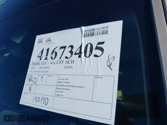 2013 Hyundai Azera with VIN KMHFH4JG2DA256481, listed as a IAAI auction lot 41673405 with 180,130 mi miles and . Bid and sale history available at DreamBid. Image 12.