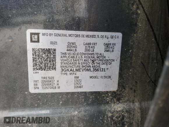 2021 GMC Terrain SLE with VIN 3GKALMEV0ML356131, listed as a Copart auction lot 57857565 with 140,473 mi miles and Salvage title. Bid and sale history available at DreamBid. Image 14.