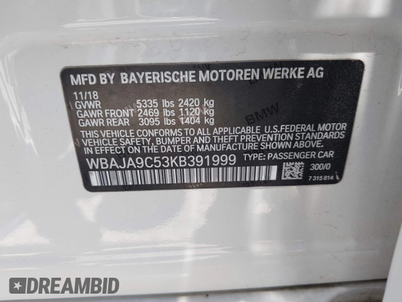 2019 BMW 5 Series 530e with VIN WBAJA9C53KB391999, listed as a IAAI auction lot 42311824 with 79,196 mi miles and . Bid and sale history available at DreamBid. Image 9.