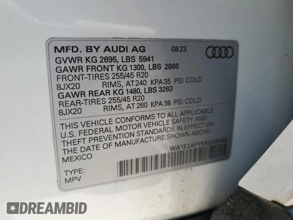 2024 Audi Q5 S line Premium Plus with VIN WA1E2AFY5R2005452, listed as a Copart auction lot 47797665 with 12,735 mi miles and Salvage title. Bid and sale history available at DreamBid. Image 16.