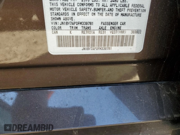 2015 Infiniti Q50 Premium with VIN JN1BV7AP0FM339781, listed as a Copart auction lot 53658315 with 179,703 mi miles and Salvage Title. Bid and sale history available at carsss.com. Image 12.