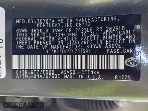 2014 Toyota Camry L with VIN 4T1BF1FK7EU731591, listed as a IAAI auction lot 41917728 with 85,504 mi miles. Bid and sale history available at carsss.com. Image 9.