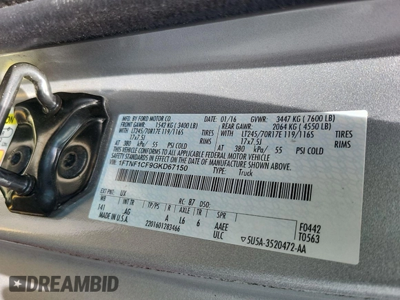 2016 Ford F-150 XL with VIN 1FTNF1CF9GKD67150, listed as a IAAI auction lot 42717385 with 101,636 mi miles and . Bid and sale history available at DreamBid. Image 7.