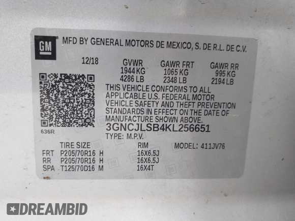 2019 Chevrolet Trax LT z VIN 3GNCJLSB4KL256651, wystawiony jako IAAI lot #42179904 z przebiegiem 132 143 mil mil oraz . Historia ofert i sprzedaży dostępna na DreamBid. Obrazek 9.