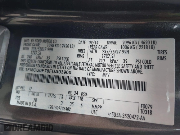 2015 Ford Escape S with VIN 1FMCU0F78FUA03960, listed as a IAAI auction lot 42052615 with 110,603 mi miles. Bid and sale history available at carsss.com. Image 9.