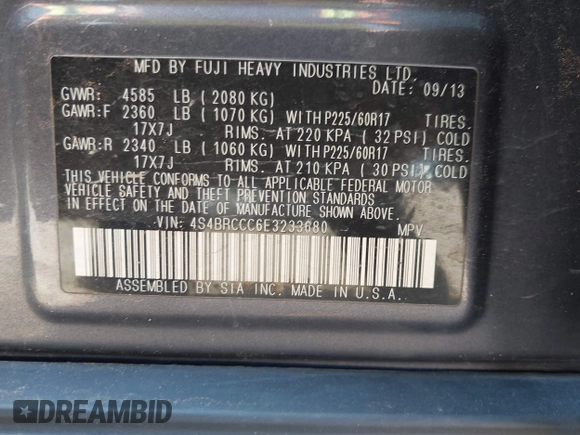 2014 Subaru Outback Premium with VIN 4S4BRCCC6E3233680, listed as a IAAI auction lot 41828411 with 129,796 mi miles and . Bid and sale history available at DreamBid. Image 9.
