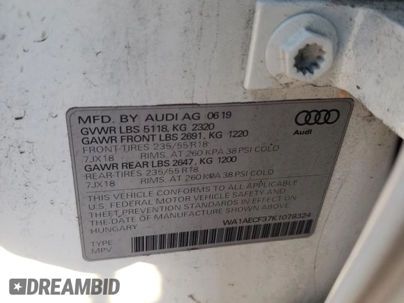 2019 Audi Q3 Premium with VIN WA1AECF37K1078324, listed as a Copart auction lot 75601734 with 73,623 mi miles and Salvage Title. Bid and sale history available at carsss.com. Image 14.
