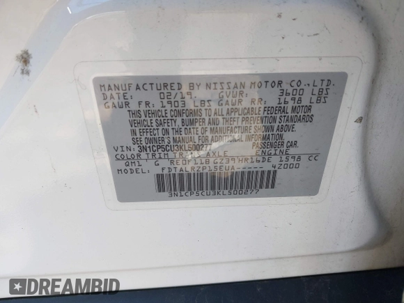 2019 Nissan Kicks SR with VIN 3N1CP5CU3KL500277, listed as a IAAI auction lot 42087570 with 159,195 mi miles. Bid and sale history available at carsss.com. Image 8.