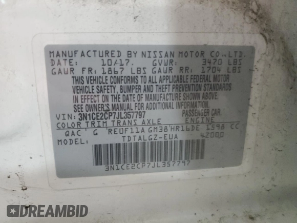 2018 Nissan Note SV z VIN 3N1CE2CP7JL357797, wystawiony jako Copart lot #64172435 z przebiegiem 37 083 mil mil oraz Szkoda całkowita • Salvage title. Historia ofert i sprzedaży dostępna na DreamBid. Obrazek 13.
