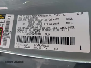2022 Toyota Tundra Limited Hybrid with VIN 5TFJC5EC9NX001528, listed as a IAAI auction lot 41625774 with 57,475 mi miles and . Bid and sale history available at DreamBid. Image 9.