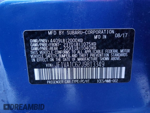 2018 Subaru WRX Premium with VIN JF1VA1C62J9813349, listed as a Copart auction lot 41883045 with 86,076 mi miles and Salvage Title. Bid and sale history available at DreamBid. Image 14.