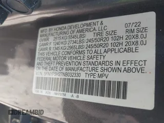 2022 Honda Pilot Special Edition with VIN 5FNYF5H27NB032330, listed as a IAAI auction lot 41522565 with Not Provided miles and . Bid and sale history available at carsss.com. Image 9.