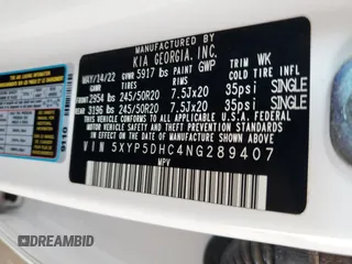 2022 Kia Telluride SX with VIN 5XYP5DHC4NG289407, listed as a Copart auction lot 52576465 with 27,139 mi miles and Salvage Title. Bid and sale history available at DreamBid. Image 14.