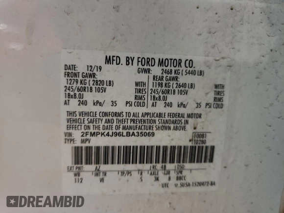 2020 Ford Edge SEL with VIN 2FMPK4J96LBA35069, listed as a Copart auction lot 59479875 with 53,716 mi miles and Non repairable. Bid and sale history available at DreamBid. Image 13.