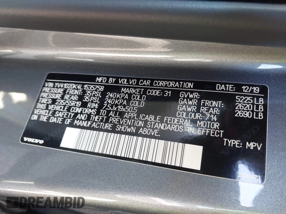 2020 Volvo XC60 Momentum z VIN YV4102DK4L1535758, wystawiony jako IAAI lot #41783535 z przebiegiem 34 112 mil mil oraz . Historia ofert i sprzedaży dostępna na DreamBid. Obrazek 9.