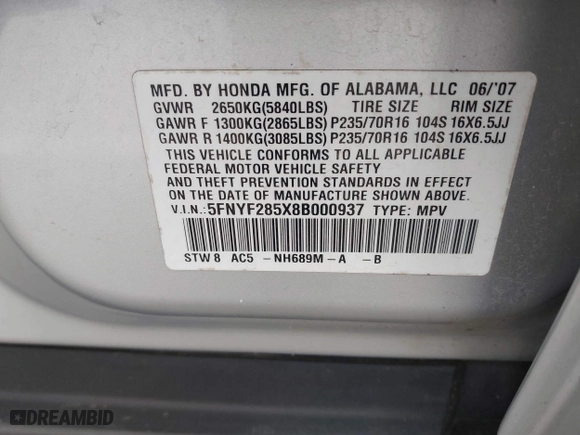 2008 Honda Pilot EX-L with VIN 5FNYF285X8B000937, listed as a IAAI auction lot 41793140 with 205,103 mi miles. Bid and sale history available at carsss.com. Image 9.
