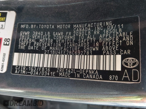 2011 Toyota Corolla L with VIN 2T1BU4EE2BC692781, listed as a IAAI auction lot 41922966 with 95,523 mi miles and . Bid and sale history available at DreamBid. Image 9.