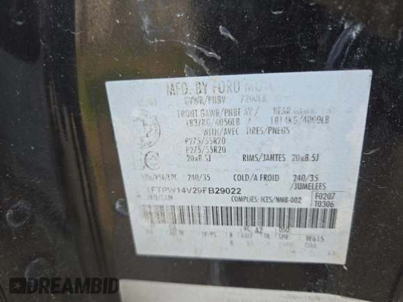 2009 Ford F-150 XL with VIN 1FTPW14V29FB29022, listed as a Copart auction lot 59518745 with 225,701 mi miles and Salvage title. Bid and sale history available at DreamBid. Image 13.