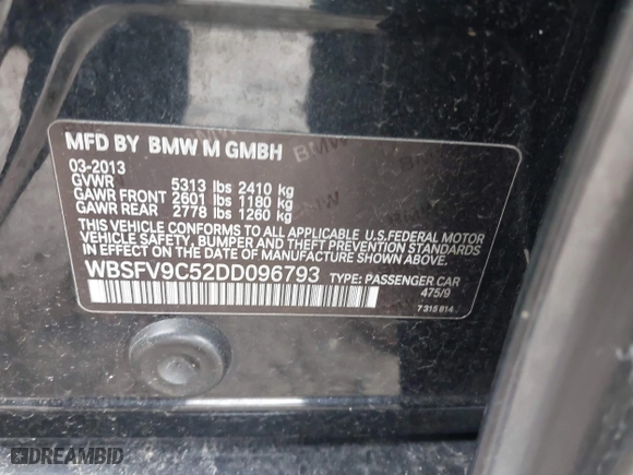 2013 BMW M5 with VIN WBSFV9C52DD096793, listed as a IAAI auction lot 41619270 with 1 mi miles. Bid and sale history available at carsss.com. Image 9.