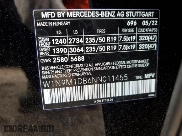 2022 Mercedes-Benz EQB 350 z VIN W1N9M1DB6NN011455, wystawiony jako Copart lot #63760902 z przebiegiem Nie podano mil oraz . Historia ofert i sprzedaży dostępna na DreamBid. Obrazek 10.