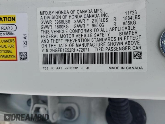 2024 Honda Civic Si with VIN 2HGFE1E52RH472071, listed as a Copart auction lot 50927025 with 19,962 mi miles and Salvage title. Bid and sale history available at DreamBid. Image 15.