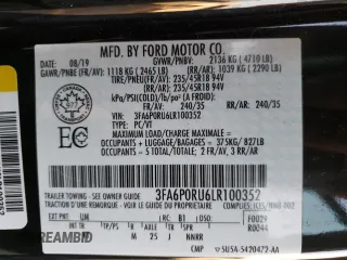 2020 Ford Fusion Hybrid Titanium with VIN 3FA6P0RU6LR100352, listed as a Copart auction lot 61331832 with 52,038 mi miles. Bid and sale history available at carsss.com. Image 10.