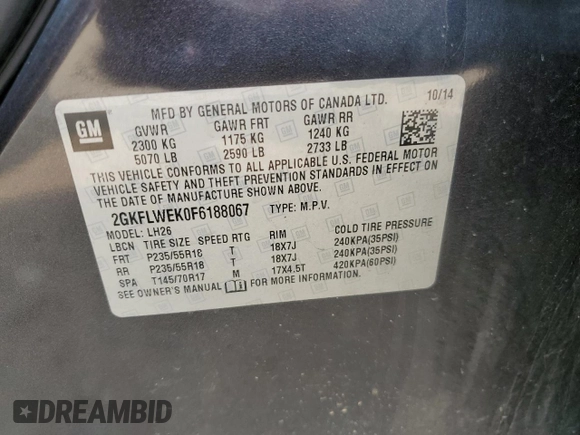 2015 GMC Terrain SLE with VIN 2GKFLWEK0F6188067, listed as a Copart auction lot 59081385 with 163,402 mi miles and Clean title. Bid and sale history available at DreamBid. Image 13.