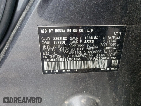2016 Honda Fit LX with VIN JHMGK5H58GX034855, listed as a Copart auction lot 54817795 with 178,096 mi miles and Salvage Title. Bid and sale history available at DreamBid. Image 12.