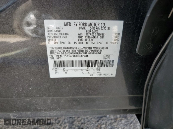 2016 Ford Edge SE with VIN 2FMPK3G91GBB37385, listed as a Copart auction lot 62074095 with 63,124 mi miles and Salvage title. Bid and sale history available at DreamBid. Image 13.
