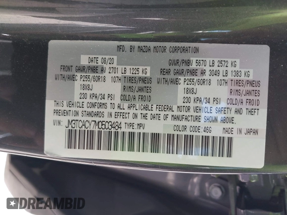 2021 Mazda CX-9 Touring with VIN JM3TCACY7M0503484, listed as a IAAI auction lot 42013262 with 63,777 mi miles and . Bid and sale history available at DreamBid. Image 9.