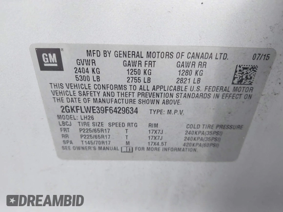 2015 GMC Terrain SLE z VIN 2GKFLWE39F6429634, wystawiony jako IAAI lot #42521479 z przebiegiem 205 763 mil mil oraz . Historia ofert i sprzedaży dostępna na DreamBid. Obrazek 9.