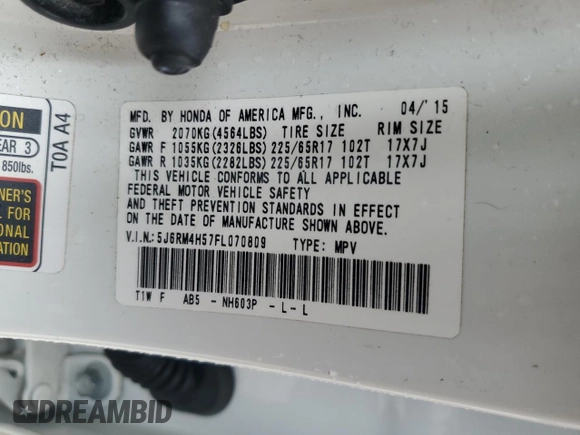 2015 Honda CR-V EX with VIN 5J6RM4H57FL070809, listed as a Copart auction lot 51139645 with 72,834 mi miles and Clean Title. Bid and sale history available at DreamBid. Image 13.
