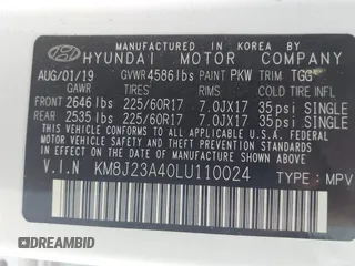 2020 Hyundai Tucson SE с VIN KM8J23A40LU110024, выставлен на аукционе IAAI как лот 42860400 с пробегом 13 607 миль миль и . История ставок и продаж доступна на DreamBid. Изображение 9.