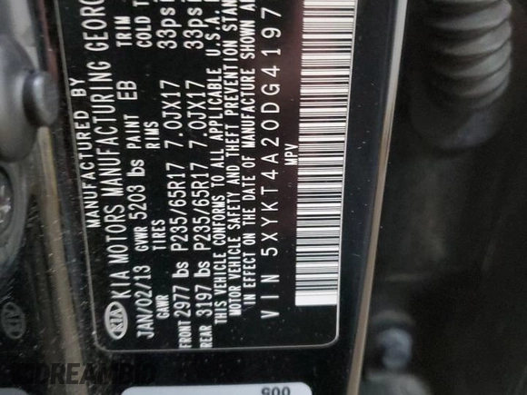 2013 Kia Sorento LX with VIN 5XYKT4A20DG419764, listed as a Copart auction lot 53566815 with 270,017 mi miles and Salvage Title. Bid and sale history available at carsss.com. Image 13.