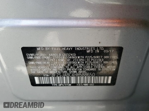 2017 Subaru Forester with VIN JF2SJABC4HH588650, listed as a Copart auction lot 61175905 with 52,057 mi miles and Salvage title. Bid and sale history available at DreamBid. Image 14.