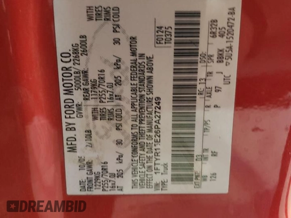 2006 Ford Ranger XL with VIN 1FTYR15E26PA27249, listed as a Copart auction lot 55238785 with 193,865 mi miles and Salvage title. Bid and sale history available at DreamBid. Image 12.