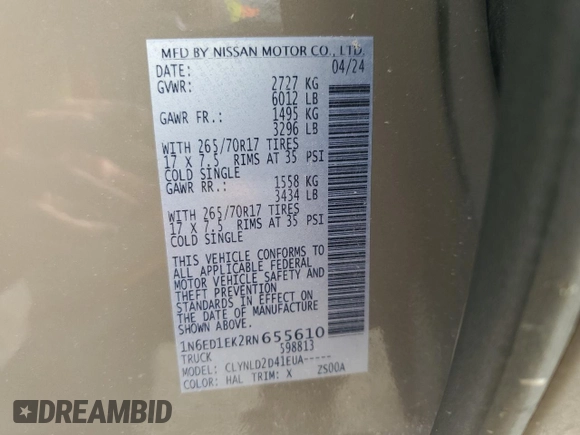 2024 Nissan Frontier S with VIN 1N6ED1EK2RN655610, listed as a Copart auction lot 78972094 with 6,834 mi miles and Salvage title. Bid and sale history available at DreamBid. Image 12.