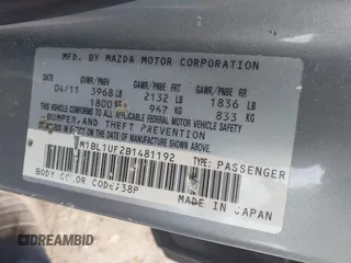 2011 Mazda Mazda3 i Sport with VIN JM1BL1UF2B1481192, listed as a IAAI auction lot 42102068 with 231,588 mi miles. Bid and sale history available at carsss.com. Image 9.