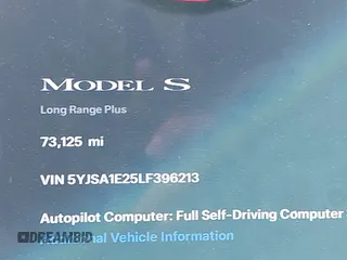 2020 Tesla Model S Long Range with VIN 5YJSA1E25LF396213, listed as a IAAI auction lot 42383231 with 73,125 mi miles and . Bid and sale history available at DreamBid. Image 7.