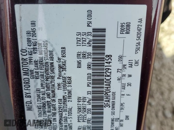 2012 Ford Fusion SE with VIN 3FAHP0HA0CR291458, listed as a Copart auction lot 63357165 with 122,992 mi miles and Salvage title. Bid and sale history available at DreamBid. Image 12.
