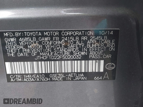 2015 Lexus IS 250 with VIN JTHCF1D22F5020032, listed as a IAAI auction lot 40811836 with 92,943 mi miles and . Bid and sale history available at DreamBid. Image 9.