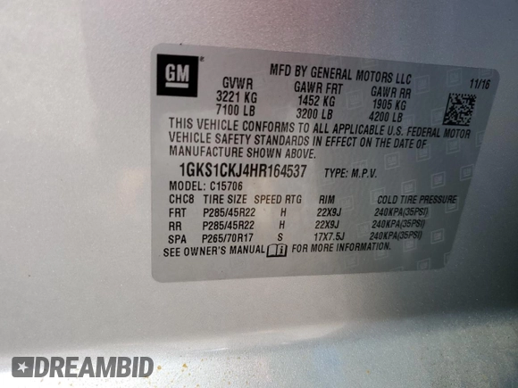 2017 GMC Yukon Denali with VIN 1GKS1CKJ4HR164537, listed as a Copart auction lot 74019184 with 0 mi miles and Salvage Title. Bid and sale history available at carsss.com. Image 14.
